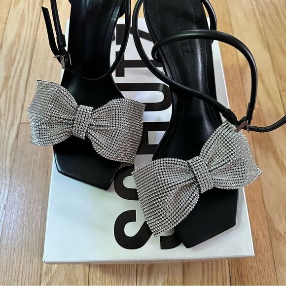SCHUTZ Mila Square Toe Crystal Bow High Heel Sandals - Picture 3 of 9